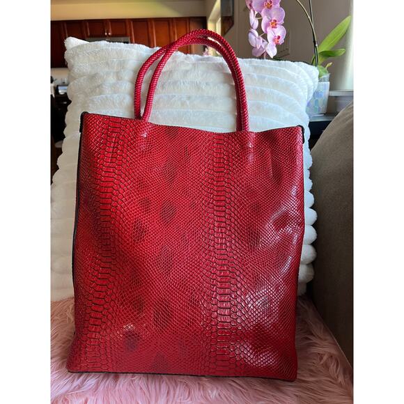 Michael Kors Red Snakeskin 3 Piece Tote Makeup Bag Wristlet Set - Picture 4 of 11